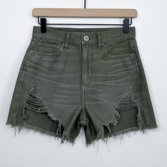 American Eagle Green Highest Rise Distressed Mom Shorts - Picture 2 of 11